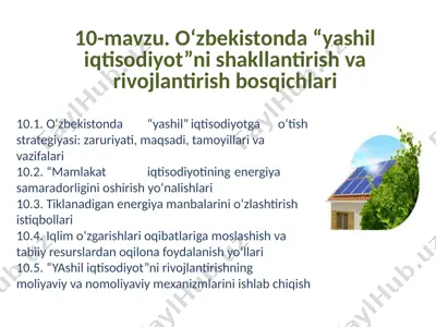 o‘zbekistonda “yashil iqtisodiyot”ni shakllantirish va rivojlantirish bosqichlari — PPTX