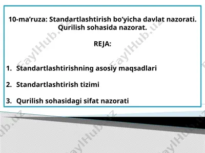 standartlashtirish bo‘yicha davlat nazorati. qurilish sohasida nazorat — PPTX