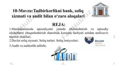 tadbirkorlikni bank, soliq xizmati va audit bilan o‘zaro aloqalari — PPTX