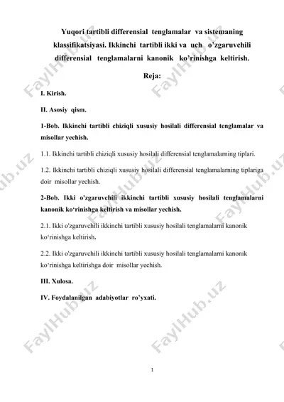 yuqori tartibli differensial tenglamalar va sistemaning klassifikatsiyasi — DOCX