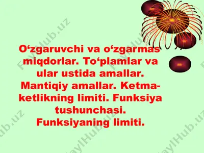 o‘zgaruvchi va o‘zgarmas miqdorlar hamda to‘plam amallari va funksiya tushunchasi — PPT