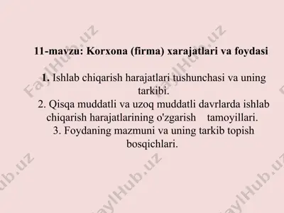 korxona (firma) xarajatlari va foydasi — PPT