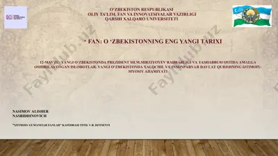 yangi o‘zbekistonda prezident sh.m.mirziyoyev rahbarligi va tashabbusi ostida amalga oshirilayotgan islohotlar. yangi o‘zbekistonda xalqchil va insonparvar davlat qurishning ijtimoiy-siyosiy ahamiyati — PPT