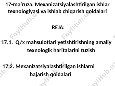 17-ma’ruza. mexanizatsiyalashtirilgan ishlar texnologiyasi va ishlab chiqarish qoidalari — PPTX
