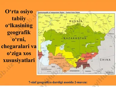 o‘rta osiyo tabiiy o‘lkasining geografik o‘rni, chegaralari va o‘ziga xos xususiyatlari 7-sinf — PPT