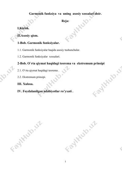 garmonik funksiya va uning asosiy xossalari — DOCX