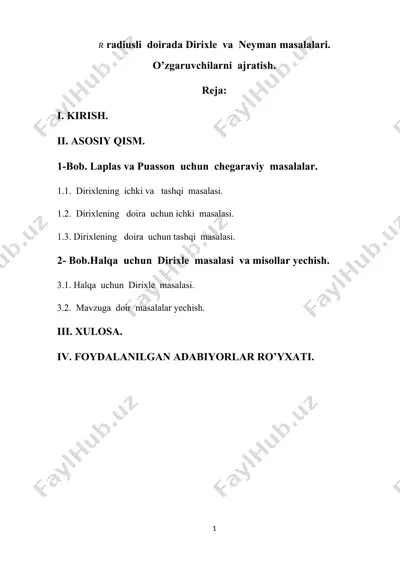 r radiusli doirada dirixle va neyman masalalari — DOCX