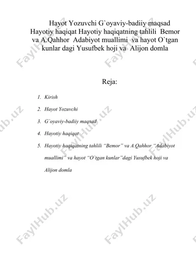 hayot yozuvchi g`oyaviy-badiiy maqsad hayotiy haqiqat hayotiy haqiqatning tahlili  bemor  va a.qahhor — DOC