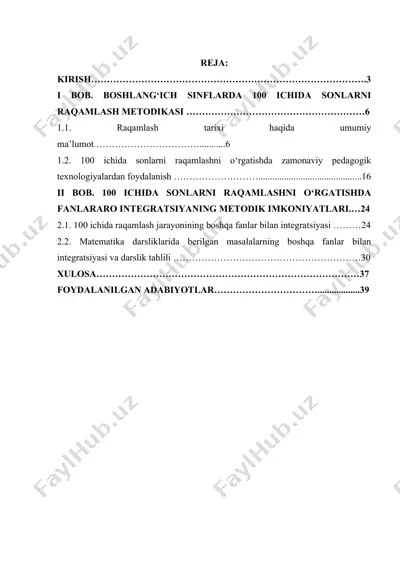 100 ichida nomerlashni o'rgatish metodikasi — DOCX