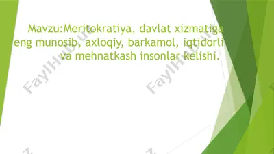 meritokratiya, davlat xizmatiga eng munosib, axloqiy, barkamol, iqtidorli va mehnatkash insonlar kelishi — PPTX