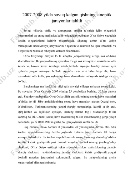 2007-2008 yilda sovuq kelgan qishning sinoptik jarayonlar tahlili — DOC