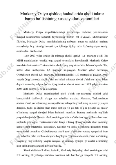 markaziy osiyo qishloq hududlarida aholi takror barpo bo'lishining xususiyatlari va omillari — DOC