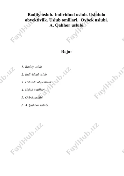badiiy uslub individual uslub uslubda obyektivlik uslub omillari  oybek uslubi — DOC