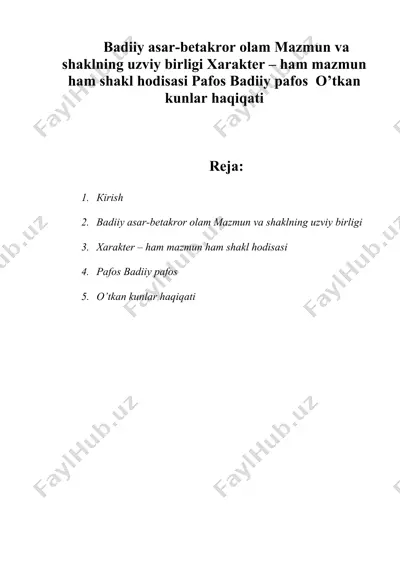 badiiy asar-betakror olam mazmun va shaklning uzviy birligi xarakter – ham mazmun ham shakl hodisasi — DOC