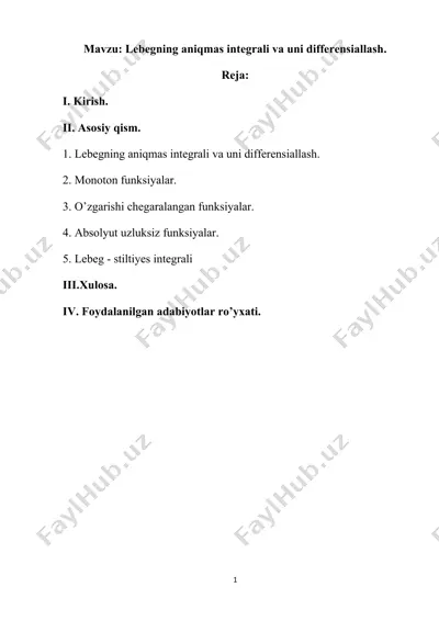 lebegning aniqmas integrali va uni differensiallash — DOCX