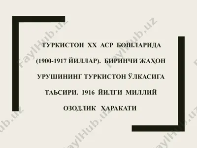 туркистон xx аср бошларида (1900-1917 йиллар). биринчи жаҳон урушининг туркистон ўlkasiga ta'siri. 1916 йилги миллий озодлик ҳаракати — PPT