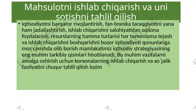 mahsulotni ishlab chiqarish va uni sotishni tahlil qilish — PPTX