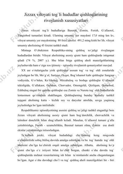 jizzax viloyati tog'li hududlar qishloqlarining rivojlanish xususiyatlari — DOC