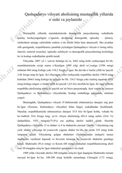 qashqadaryo viloyati aholisining mustaqillik yillarida o'sishi va joylanishi — DOC