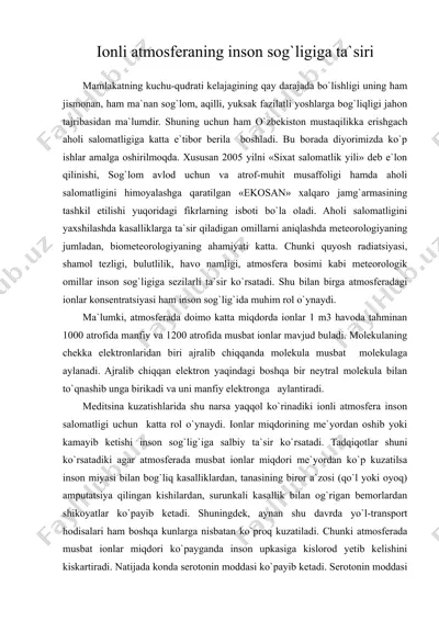 ionli atmosferaning inson sog'ligiga ta'siri — DOC