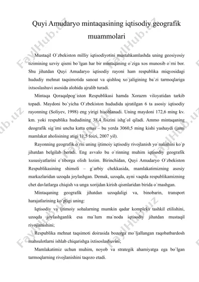 quyi amudaryo mintaqasining iqtisodiy geografik muammolari — DOC