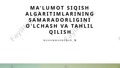 ma'lumot siqish algoritmlarining samaradorligini o'lchash va tahlil qilish — PPTX