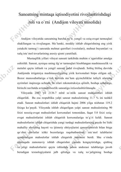 sanoatning mintaqa iqtisodiyotini rivojlantirishdagi roli va o'rni (andijon viloyati misolida) — DOC