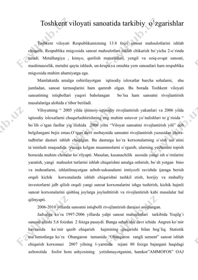 toshkent viloyati sanoatida tarkibiy o'zgarishlar — RTF