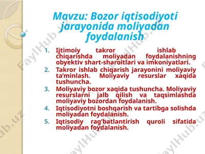bozor iqtisodiyoti jarayonida moliyadan foydalanish — PPTX