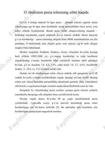 o`zbekiston paxta tolasining sifati haqida — RTF