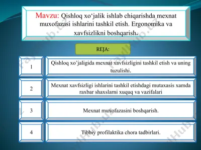 qishloq xo‘jalik ishlab chiqarishda mexnat muxofazasi ishlarini tashkil etish. ergonomika va xavfsizlikni boshqarish — PPTX