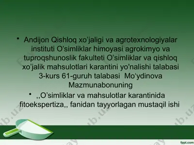 o’simliklar va mahsulotlar karantinida fitoekspertiza — PPTX