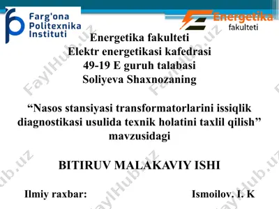 nasos stansiyasi transformatorlarini issiqlik diagnostikasi — PPTX