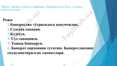бизнес субъектларининг банкротлиги ёхуд туловга қобилятизлик — PPTX