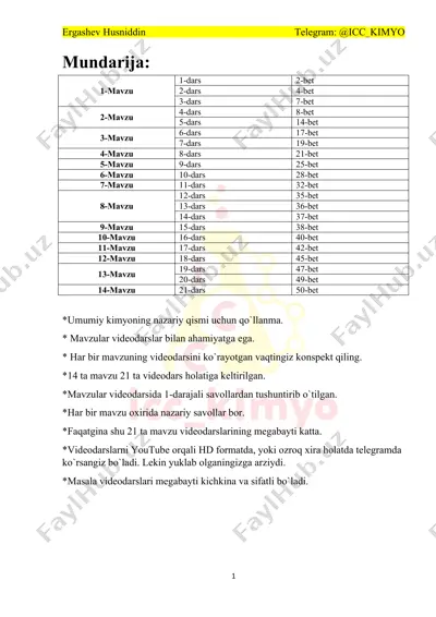 umumiy kimyoning barcha malumotlari maktab darsliklaridan olingan faqat muhum joylari — DOCX