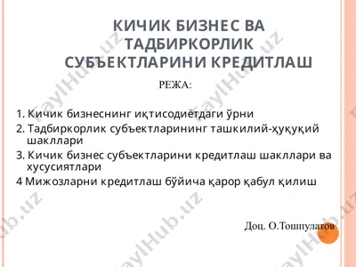 kichik biznes va tadbirkorlik sub'ektlarini kreditlash reja — PPT
