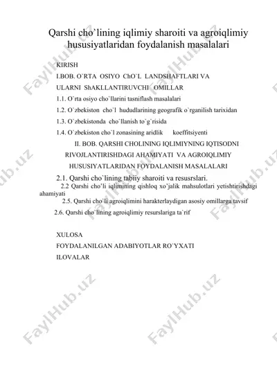 qarshi cho`lining iqlimiy sharoiti va agroiqlimiy hususiyatlaridan foydalanish masalalari — DOC