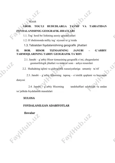 hisor tizmasining janubi – g`arbiy tarmoqlarining tabiiy geografik ta`rifi — DOC