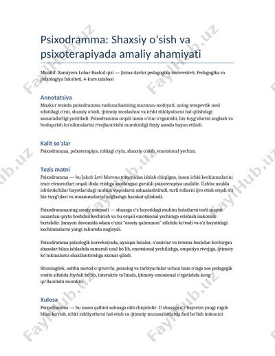 psixodramma: shaxsiy o‘sish va psixoterapiyada amaliy ahamiyati — DOCX