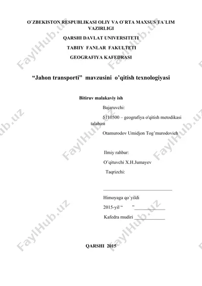 “jahon transporti” mavzusini o’qitish texnologiyasi — DOC