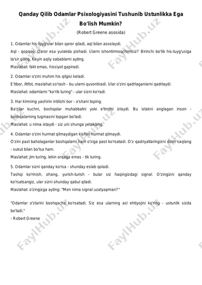 qanday qilib odamlar psixologiyasini tushunib ustunlikka ega bo'lish mumkin? — PDF