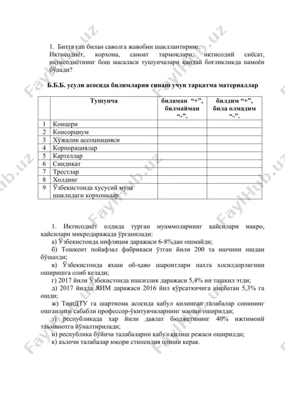 иқтисодиёт, корхона, саноат тармоқлари, иқтисодий сиёсат, иқтисодиётнинг бош масаласи тушунчалари — DOCX