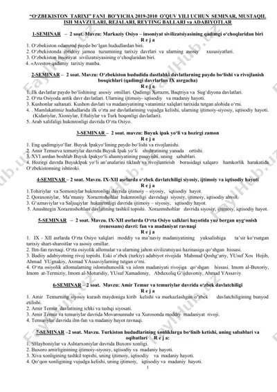 o‘zbekiston tarixi fani bo‘yicha 2019-2010 o‘quv yili uchun seminar — DOCX