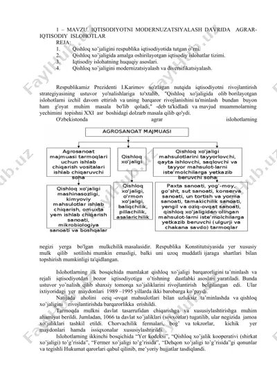 iqtisodiyotni modernizatsiyalash davrida agrar-iqtisodiy islohotlar — DOCX