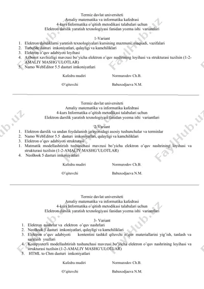 elektron darslik yaratish texnologiyasi fanidan yozma ishi variantlari — DOCX