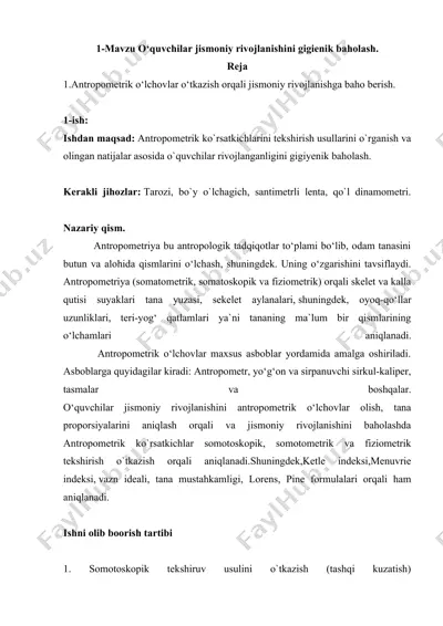 o‘quvchilar jismoniy rivojlanishini gigienik baholash — DOCX