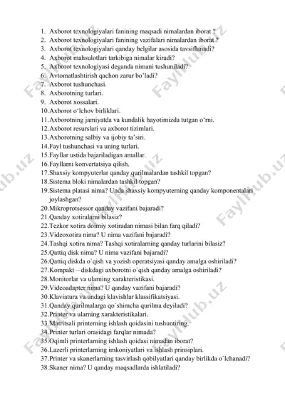 axborot texnologiyalari fanining asosiy savollari — DOCX