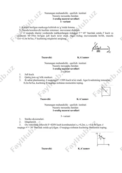 nazariy mexanika fanidan 1-oraliq nazorat savollari — DOCX