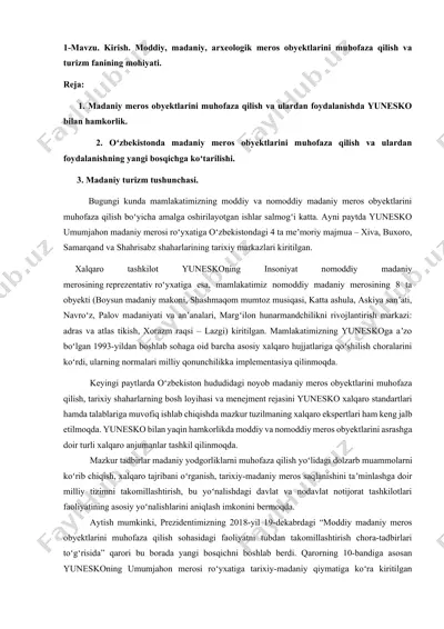 mavzu. kirish. moddiy, madaniy, arxeologik meros obyektlarini muhofaza qilish va turizm fanining mohiyati. — DOCX