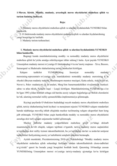 madaniy meros obyektlarini muhofaza qilish va ulardan foydalanishda yunesko bilan hamkorlik — DOCX